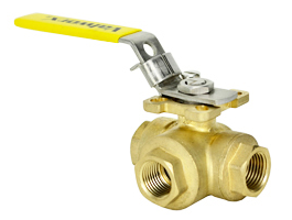 RP-16242: 3 way brass ball valve, T port, T2 condition, no handle installed, no orientation pin installed